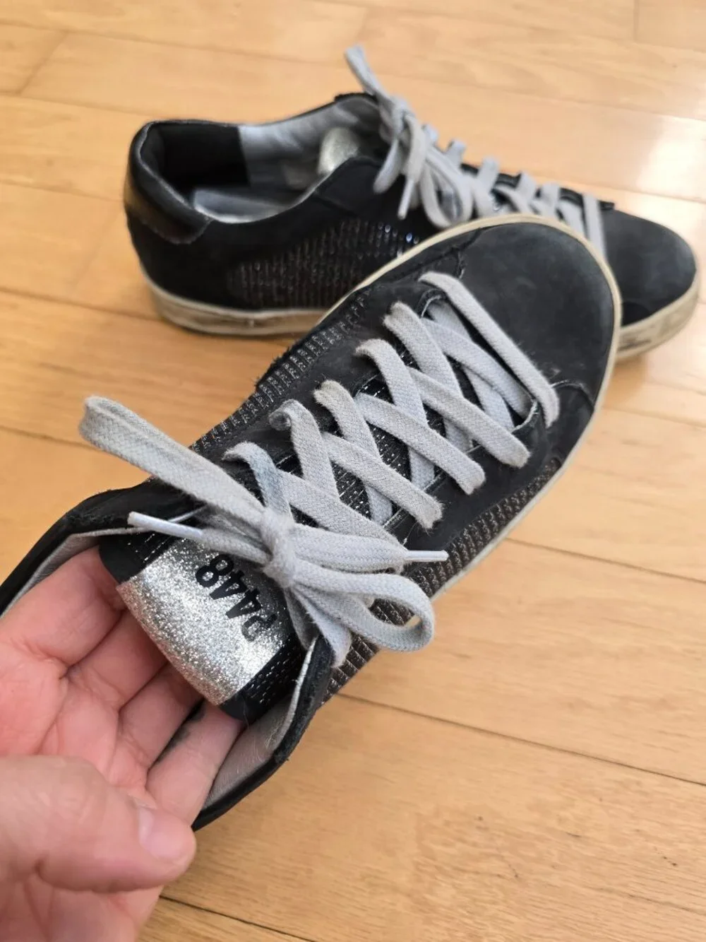 P448 | John black glitter leather boho sporty sneakers | WMS 7